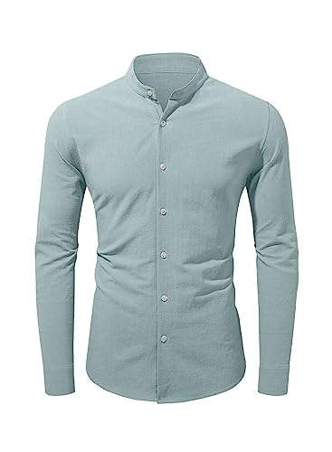 Jolicloth Leinenhemd Herren Langarm Hemd Henley Freizeithemd Stehkragen T-Shirt Langarm Hemdshirt Regular Fit Shirt Hellgrün M von Jolicloth