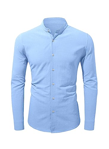 Jolicloth Leinenhemd Herren Langarm Hemd Henley Freizeithemd Stehkragen T-Shirt Langarm Hemdshirt Regular Fit Shirt Himmelblau S von Jolicloth