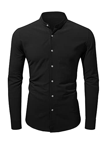 Jolicloth Leinenhemd Herren Langarm Hemd Henley Freizeithemd Stehkragen T-Shirt Langarm Hemdshirt Regular Fit Shirt Schwarz L von Jolicloth