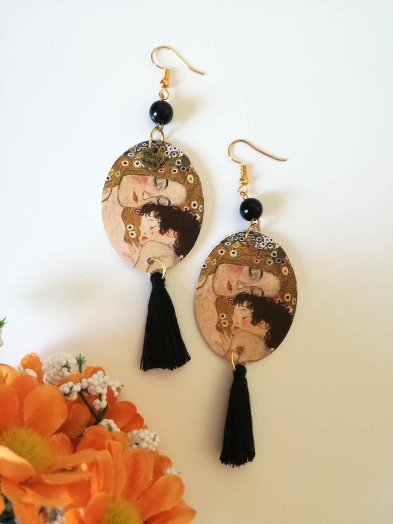 Klimt Mutterschaftspapier-Ohrhänger Mit Schwarzer Perle Klimt Mutterschaftspapier-Ohrhänger Mit Schwarzer Perle von JolieJoieCreazioni