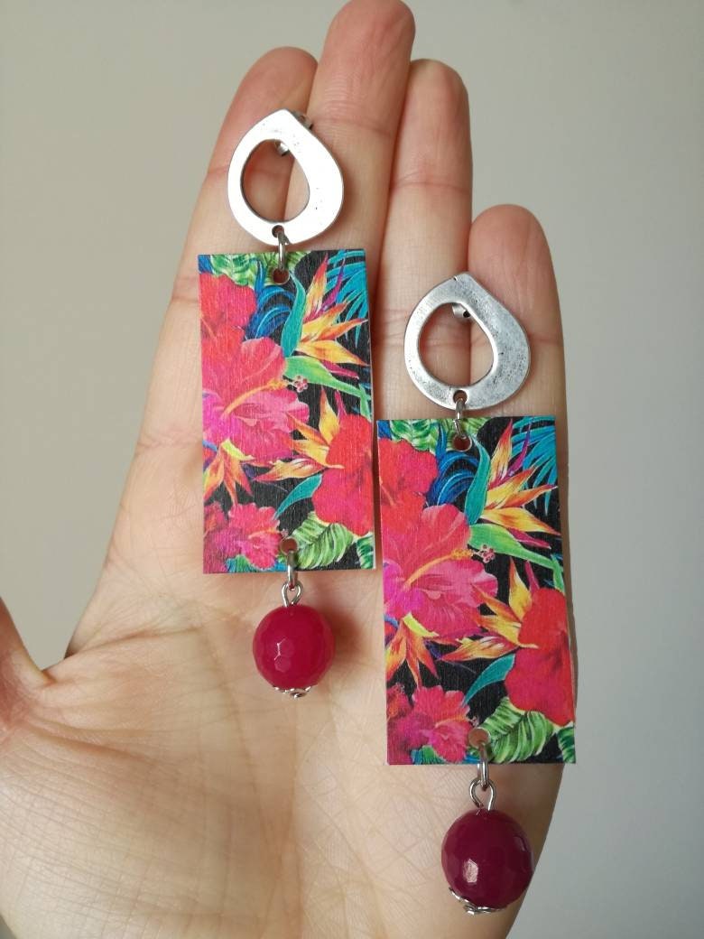 Papier Rechteckige Anhänger Ohrringe, Blumig Und Harten Stein Fuchsia Papier Rechteckige Anhänger Ohrringe, Blumig Und Harten Stein Fuchsia von JolieJoieCreazioni