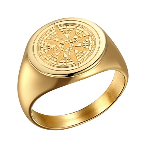 Joliernelle Herren Kompass Ring Gold Siegelring Edelstahl Reisegeschenk Größe 69 von Joliernelle