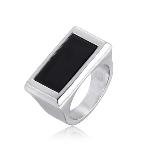 Schwarzer Onyx -Ringband Edelstahl Silber Rechteck Signet Ring, Daumenring für ihn Größe 59 von Joliernelle