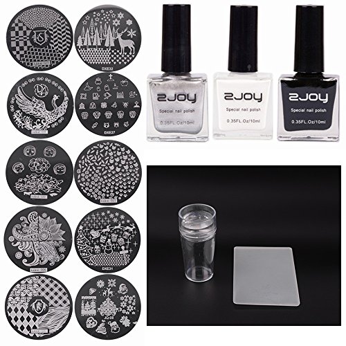 Joligel Nagelstempel-Kit bestehend aus 3 x Nagellack + Stempel und Schaber + 10 x Stempelplatten für Manikür-Stempel-Nagelart, Nagellacke in Schwarz / Silber / Weiß + transparenter Silikon-Nagelstempel und Schaber + 10 Nagelstempel mit zufälligem Muster von Joligel