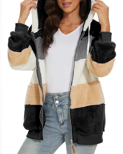 Jolgiao Damen Mantel Kapuzenjacke Fleecejacke mit Taschen Hoodie Kapuzenpullover Teddy Fleece Patchwork Farbe PlüSchjacke Fleecejacke mit Reißverschluss Winterjacke Hoodie Pullover(Schwarz,M) von Joligiao