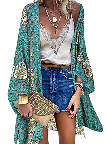 Joligao Damen Kimono Cardigan Strand Sommer Blumendruck Kimono Strickjacke Boho Cardigan Beachwear Bedecken Bikini Cover Up Strandkleid,Grün,S von Joligiao