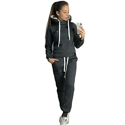 Joligiao 2 Teiliger Damen Trainingsanzug,Beiläufig Sportanzug Kapuzenpullover Lange Ärmel Top und Jogginghose Sportkleidung für Sport Running Yoga Gym (Dunkelgrau,XXL) von Joligiao
