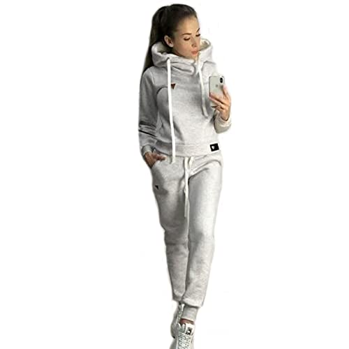 Joligiao 2 Teiliger Damen Trainingsanzug,Beiläufig Sportanzug Kapuzenpullover Lange Ärmel Top und Jogginghose Sportkleidung für Sport Running Yoga Gym (Grau,L) von Joligiao
