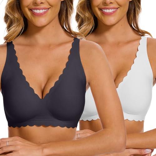 Joligiao BH Damen Ohne Bügel mit V Ausschnitt Klassische Nahtloser Bügelloser Soft Push Up Bustier Große Brüste Seamless Bequemer Komfort Bra Verlängerung mit Zusätzlicher Bralette Sport Ohne Buegel von Joligiao