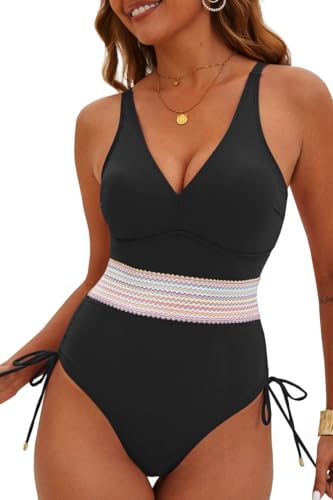Joligiao Badeanzug Damen Bauchweg Einteiler Bademode V Ausschnitt Push Up Gepolsterte Badeanzüge Swimsuits Große Größe High Waist Farbige Streifen Schwimmanzug Badekleid Strandbekleidung(Schwarz,S) von Joligiao