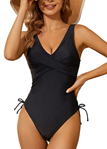 Joligiao Badeanzug Damen Einteiliger Badeanzug mit Triangel V-Ausschnitt Bauchweg Monokini Bauchkontrolle Schwimmanzug Frauen Push up Bademode Badeanzüge Badebekleidung Swimsuit(Schwarz,M) von Joligiao