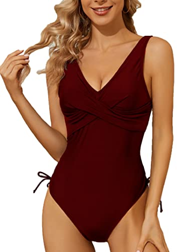 Joligiao Badeanzug Damen Einteiliger Badeanzug mit Triangel V-Ausschnitt Bauchweg Monokini Bauchkontrolle Schwimmanzug Frauen Push up Bademode Badeanzüge Badebekleidung Swimsuit(Weinrot,XXL) von Joligiao