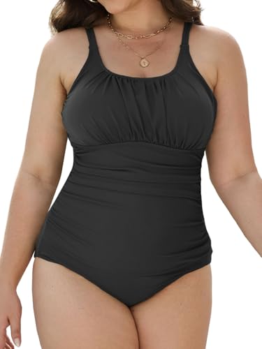 Joligiao Badeanzug Damen Große Größe Bauchweg Einteilige Bademode Gepolsterte Badeanzüge Push Up Große Oberweite Badebekleidung U Ausschnitt Plus Size Swimsuit(Schwarz,L) von Joligiao