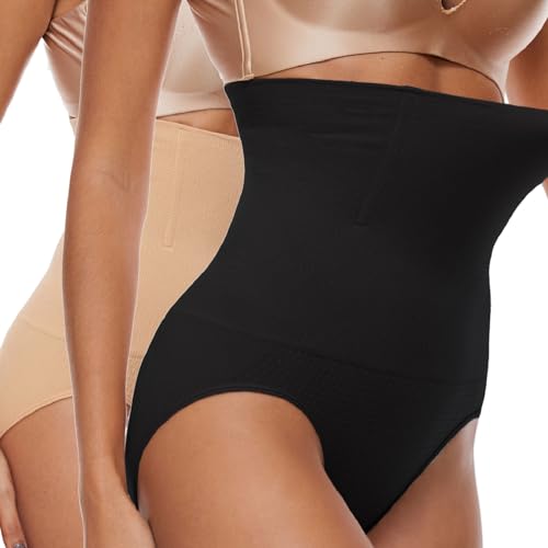 Joligiao Bauchweg Unterhose Damen Miederhose Shapewear Hohe Taille Miederslips Unterwäsche Bauchkontrolle Hip Lifting Body Shaper Figurformende Tanga Unterwäsche Miederpant,Schwarz+Beige,3XL von Joligiao