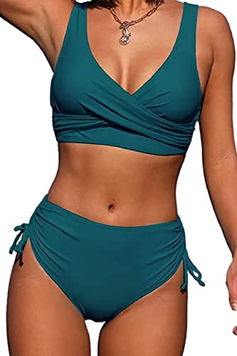 Joligiao Bikini Damen High Waist Badeanzüge Crossover Bustier Lace Up Bikini Set Bademode Blumenmuster Zweiteiliger Badeanzug Bademode Swimsuit(Blau,XL) von Joligiao