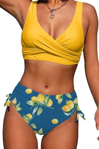 Joligiao Bikini Damen High Waist Badeanzüge Crossover Bustier Lace Up Bikini Set Bademode Blumenmuster Zweiteiliger Badeanzug Bademode Swimsuit(Gelb,M) von Joligiao
