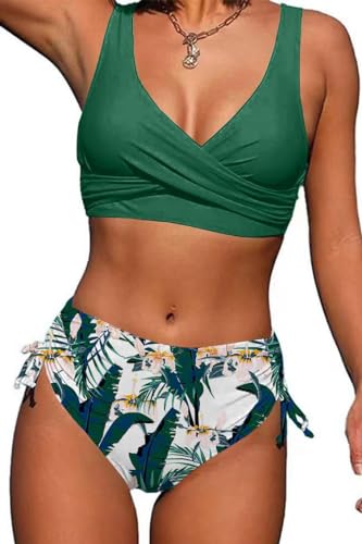 Joligiao Bikini Damen High Waist Badeanzüge Crossover Bustier Lace Up Bikini Set Bademode Blumenmuster Zweiteiliger Badeanzug Bademode Swimsuit(Grüner Druck,L) von Joligiao