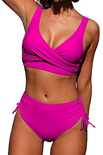 Joligiao Bikini Damen High Waist Badeanzüge Crossover Bustier Lace Up Bikini Set Bademode Blumenmuster Zweiteiliger Badeanzug Bademode Swimsuit(Rosa,XL) von Joligiao