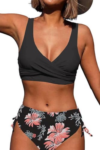 Joligiao Bikini Damen High Waist Badeanzüge Crossover Bustier Lace Up Bikini Set Bademode Blumenmuster Zweiteiliger Badeanzug Bademode Swimsuit(Rosa Druck,XXL) von Joligiao