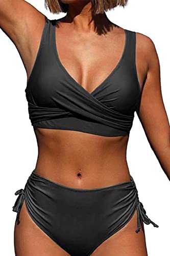 Joligiao Bikini Damen High Waist Badeanzüge Crossover Bustier Lace Up Bikini Set Bademode Blumenmuster Zweiteiliger Badeanzug Bademode Swimsuit (Schwarz,L) von Joligiao