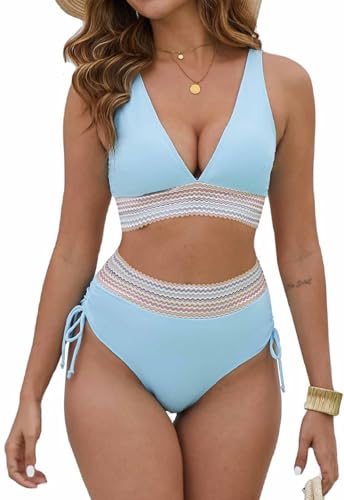 Joligiao Bikini Damen Set Badeanzug Bauchweg Zweiteiliger Bademode Hohe Taille Bikini Sets Bauchkontrolle Badeanzüge V Ausschnitt Bademode Swimsuit Badebekleidung Bandeau(Blau,M) von Joligiao