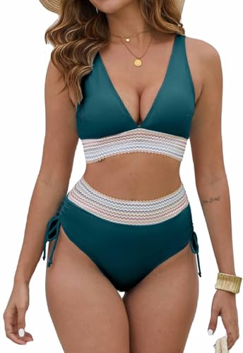 Joligiao Bikini Damen Set Badeanzug Bauchweg Zweiteiliger Bademode Hohe Taille Bikini Sets Bauchkontrolle Badeanzüge V Ausschnitt Bademode Swimsuit Badebekleidung Bandeau(Dunkelgrün,XL) von Joligiao