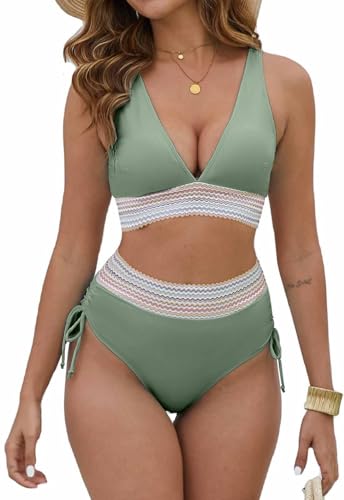 Joligiao Bikini Damen Set Badeanzug Bauchweg Zweiteiliger Bademode Hohe Taille Bikini Sets Bauchkontrolle Badeanzüge V Ausschnitt Bademode Swimsuit Badebekleidung Bandeau(Grün,M) von Joligiao