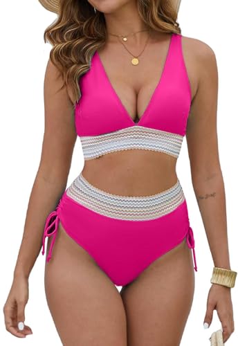 Joligiao Bikini Damen Set Badeanzug Bauchweg Zweiteiliger Bademode Hohe Taille Bikini Sets Bauchkontrolle Badeanzüge V Ausschnitt Bademode Swimsuit Badebekleidung Bandeau(Heißrosa,XL) von Joligiao