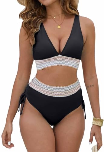 Joligiao Bikini Damen Set Badeanzug Bauchweg Zweiteiliger Bademode Hohe Taille Bikini Sets Bauchkontrolle Badeanzüge V Ausschnitt Bademode Swimsuit Badebekleidung Bandeau(Schwarz,L) von Joligiao