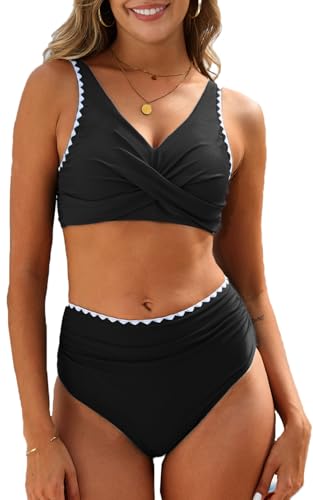 Joligiao Bikini Damen Set Push Up Bauchweg Badeanzüge Sommer High Waist Zweiteiler Badeanzug V Ausschnitt Bademode Sexy Mode Swimsuit Colour Blocking Mit Muschelkante Badebekleidung Lässiger Bikini von Joligiao