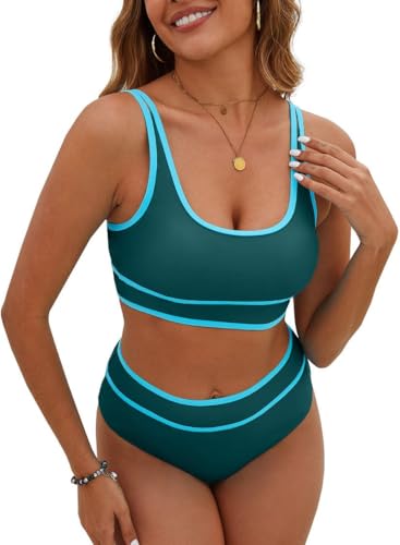 Joligiao Bikini-Sets für Damen Bauchweg Zweiteiliger Badeanzug Bikini mit Hoher Taille Push Up Bikini-Oberteil Sportlich Bademode Bauchkontrolle Colour-Blocking Swimsuit Badebekleidung(Marineblau,M) von Joligiao