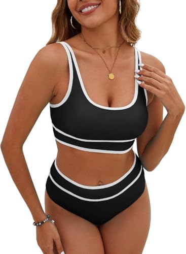 Joligiao Bikini-Sets für Damen Bauchweg Zweiteiliger Badeanzug Bikini mit Hoher Taille Push Up Bikini-Oberteil Sportlich Bademode Bauchkontrolle Colour-Blocking Swimsuit Badebekleidung(Schwarz,S) von Joligiao