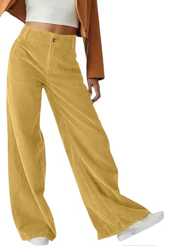 Joligiao Cordhose Damen High Waist Corduroy Hose Lässig Elastische Gerades Bein Hosen Locker Freizeithose Bequeme Lang Hosen Cord Warme Hosen mit Taschen Herbst Winter Thermohose(Ingwer,L) von Joligiao