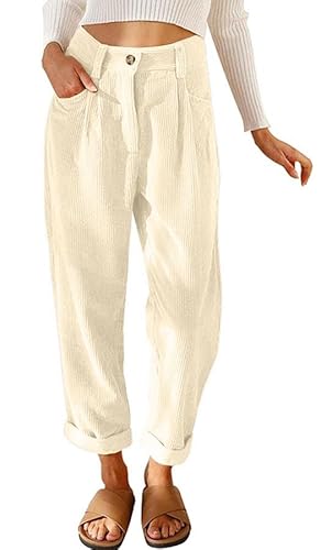 Joligiao Cordhose Damen Lässig Cord Hosen Hohe Taille Elastische Taille Hose Lange Gerade Bein Baggy Hosen Mit Taschen Herbst Winter Cordhose Einfarbig Lockere Freizeithose Beige L von Joligiao