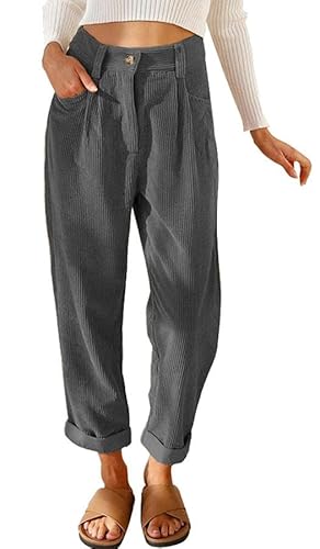Joligiao Cordhose Damen Lässig Cord Hosen Hohe Taille Elastische Taille Hose Lange Gerade Bein Baggy Hosen Mit Taschen Herbst Winter Cordhose Einfarbig Lockere Freizeithose Dunkelgrau XXL von Joligiao