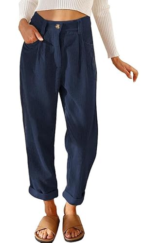Joligiao Cordhose Damen Lässig Cord Hosen Hohe Taille Elastische Taille Hose Lange Gerade Bein Baggy Hosen Mit Taschen Herbst Winter Cordhose Einfarbig Lockere Freizeithose Marineblau M von Joligiao