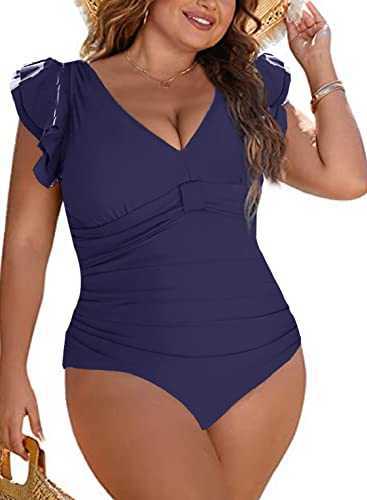 Joligiao Damen Badeanzug Einteilige Bademode Bauchweg Große Größe Swimsuit Push up Schlankheits Monokini Schwimmanzug Retro Ruched Strandmode Badekleid mit Bauchkontrolle(Blau,XL) von Joligiao