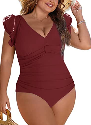 Joligiao Damen Badeanzug Einteilige Bademode Bauchweg Große Größe Swimsuit Push up Schlankheits Monokini Schwimmanzug Retro Ruched Strandmode Badekleid mit Bauchkontrolle(Rot,4XL) von Joligiao