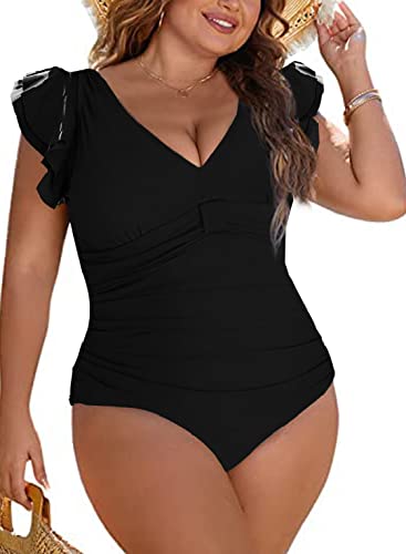 Joligiao Damen Badeanzug Einteilige Bademode Bauchweg Große Größe Swimsuit Push up Schlankheits Monokini Schwimmanzug Retro Ruched Strandmode Badekleid mit Bauchkontrolle(Schwarz,3XL) von Joligiao