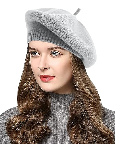 Joligiao Damen BaskenmüTze Klassische Barett Einfarbig Warm Beret Damen Kabel Stricken HäKelmüTze Retro Handgemacht Elegant Fleece GefüTtert,Grau von Joligiao