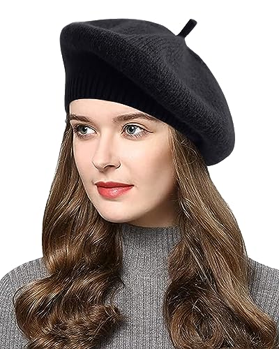 Joligiao Damen BaskenmüTze Klassische Barett Einfarbig Warm Beret Damen Kabel Stricken HäKelmüTze Retro Handgemacht Elegant Fleece GefüTtert,Schwarz von Joligiao