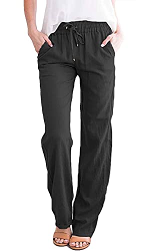 Joligiao Damen Baumwolle Leinen Elastischer Kordelzug Taille Lose Weites Bein Solide Hose Mit Taschen LäSsige Elastische Gerade Baumwolle Frauen Lange Hose Sommer Gerades Bein Geradem,Schwarz,XL von Joligiao