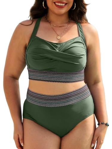 Joligiao Damen Bikin-Set Plus Size Zweiteiliger Bauchweg Badeanzug Twist-Kreuz Push Up Bademode Bikini-Oberteil High Waist Groß Größen Badeanzug mit Verstellbarem Schultergurt(Armeegrün,3XL) von Joligiao