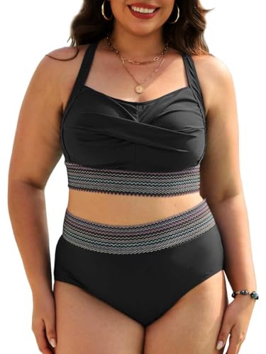 Joligiao Damen Bikin-Set Plus Size Zweiteiliger Bauchweg Badeanzug Twist-Kreuz Push Up Bademode Bikini-Oberteil High Waist Groß Größen Badeanzug mit Verstellbarem Schultergurt(Schwarz,XL) von Joligiao