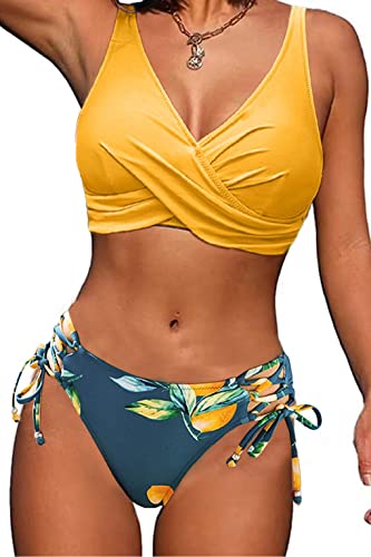 Joligiao Damen Bikini Set Cross Back Badeanzüge Twist Front Zweiteiliger Badeanzug Crossover Lace Up Bikini Bademode Kordelzug Side Bikini Sets(Gelb,S) von Joligiao