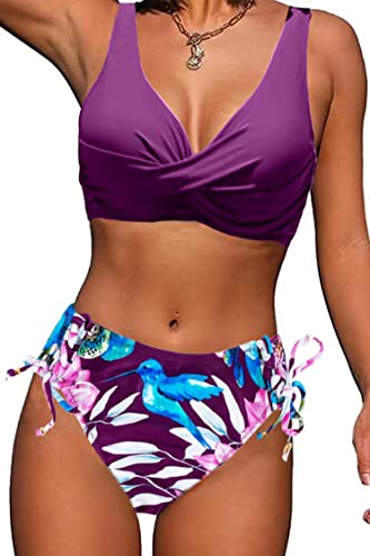 Joligiao Damen Bikini Set Cross Back Badeanzüge Twist Front Zweiteiliger Badeanzug Crossover Lace Up Bikini Bademode Kordelzug Side Bikini Sets(Violett,S) von Joligiao