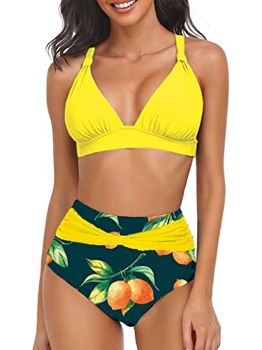 Joligiao Damen Bikini Set High Waist Bikini Bademode V Ausschnitt Swimsuit Bikinihose Strandkleidung Blumenmuster Zweiteiliger Badeanzug,Gelb,S von Joligiao