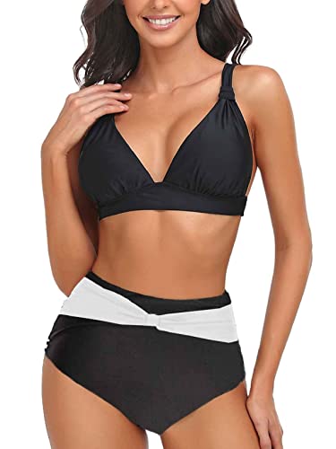 Joligiao Damen Bikini Set High Waist Bikini Bademode V Ausschnitt Swimsuit Bikinihose Strandkleidung Blumenmuster Zweiteiliger Badeanzug,Schwarz,M von Joligiao