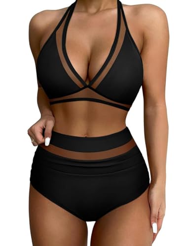 Joligiao Damen Bikini Set Hohe Taille Masche Schwimmanzug Sexy Neckholder Zweiteilige Badeanzug V Ausschnitt Push Up Bauchkontrolle Bikini Sets Strandmode Schwarz M von Joligiao