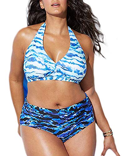 Joligiao Damen Bikini Set Plus Size Triangel Tiefem V Ausschnitt Neckholder Bauchweg Bikini Oberteil High Waist Push Up Bademode Groß Größe Badeanzug (Blau,XL) von Joligiao